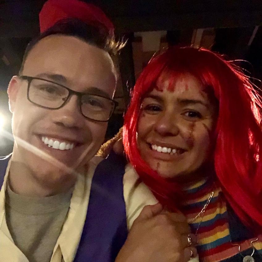 Our first Halloween together which did not include a couples costume = Chucky with (her) Aladdin.