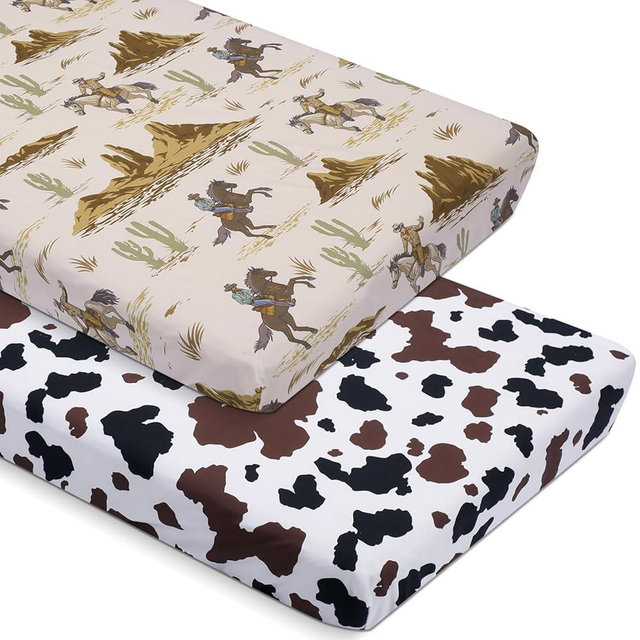 Mindsoft 2 Pcs Western Cowboy Crib Sheet Set 52 x 28 x 8 Inches Newborn Bedding Nursery Baby Sheets for Girl Boys Baby Gifts for Standard Crib and Toddler Mattresses