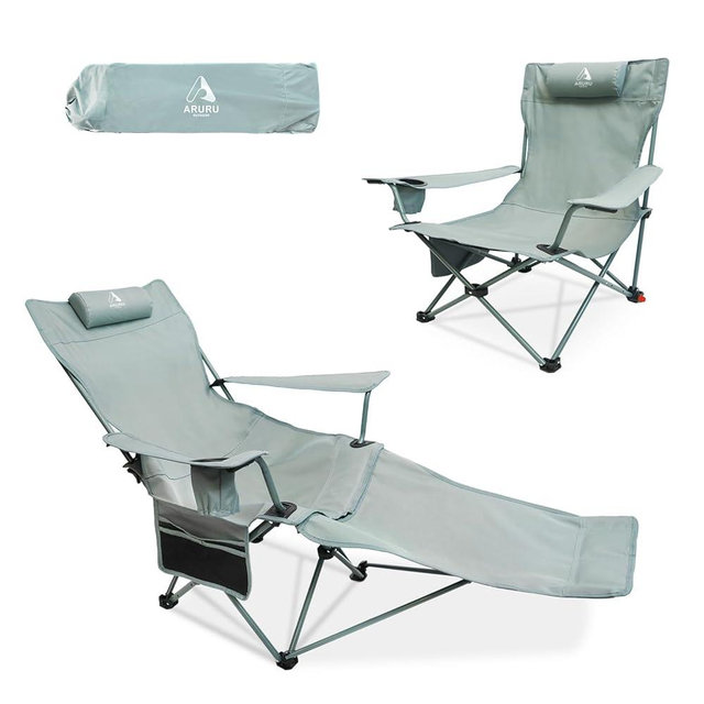 ARURU 2-in-1 Reclining Camping Chair, Portable Folding Beach Lounge Chair with Footrest & Adjustable Backrest, Comfortable Lawn Chair for Adults Heavy Duty with Cup Holder for Outdoor Poolside Sports