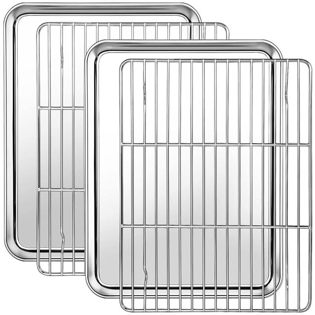 Baking Sheet with Cooling Rack Set(2 Baking Pans+2 Baking Racks), CEKEE Stainless Steel Non Stick Small Cookie Sheet Set, Size 10.39 x 8.07 x 1 Inch, Easy to Clean Small Baking Sheet with Rack Set