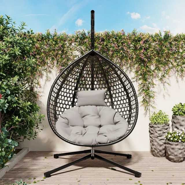 GDFStudio Anderson Hanging Egg Rattan Chair with Stand and Soft Removable Cushion, Black/Gray