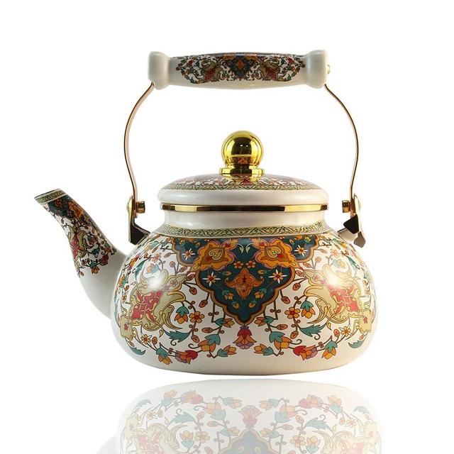 Leebright Floral Enamel Tea Kettle Vintage Gold Beige Teapot Colorful Boho Hot Water Coffee Kettle Pot 2.5L Porcelain Tea Pot with Ceramic Handle for Stovetop Hot Water Kitchen Decor