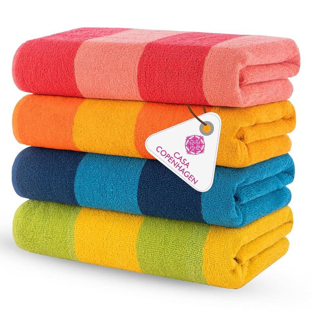 CASA COPENHAGEN Malibu Beach Towels Designed in Denmark Rough and Tough, Quick Dry, for Pool, Bath & Shower 30x60 inches 4 Pieces Cotton Beach Bath Towels Set - Orange, Blue, Pink, Green
