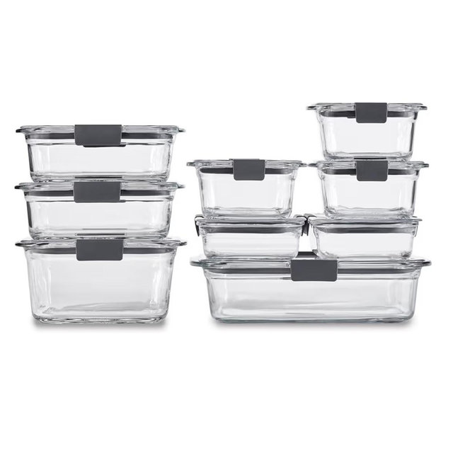 Rubbermaid Brilliance Glass Food Storage Containers, Assorted Sizes, Set of 9, BPA-Free, Leak-Proof, Clear