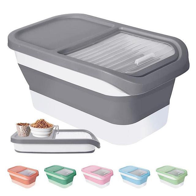 DDMOMMY 13 Lbs Dog Food Storage Container - Collapsible Dog Food Container with Sliding Lid, Measuring Cup and Silicone Bowl, Pet Food Storage Containers Dry Food For Dog, Cats and Other Pet（Grey