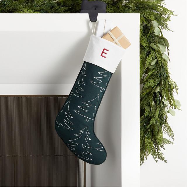 Green Linen-Cotton Blend Embroidered Tree Christmas Stocking