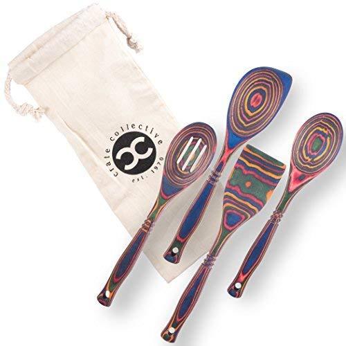 Crate Collective Pakka Wooden Spoons Set - Exotic Pakkawood Utensils for Serving & Cooking - Non-Stick Spoon, Slotted Spoon, Corner Spoon, and Spatula for All Cookware - Lightweight & Heat Resistant