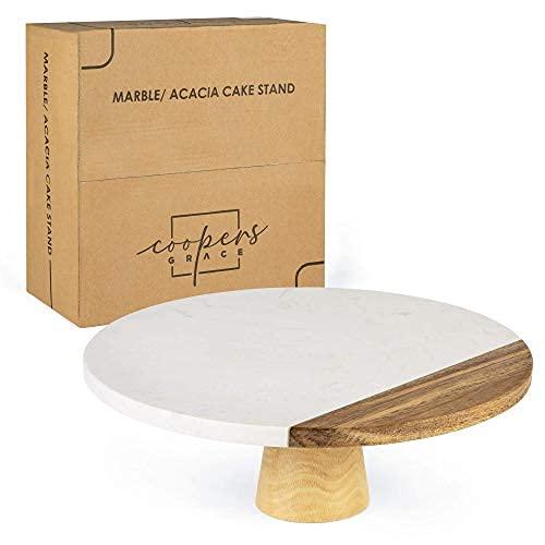 Marble and Wood Cake Stand, 12" Inch Diameter - White Marble and Acacia Pedestal for Dessert Display - Designed for Cupcake Display, Wedding Cakes, Cheese and Grapes - Cupcake Stand or Cake Stands