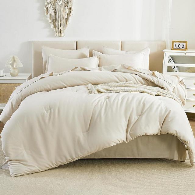 Litanika Bed in a Bag Queen Beige- 7 Pieces Queen Comforter Set Beddding Comforter Sets, Solid Fluffy Bed Set with Comforter, Sheets, Pillowcases & Shams