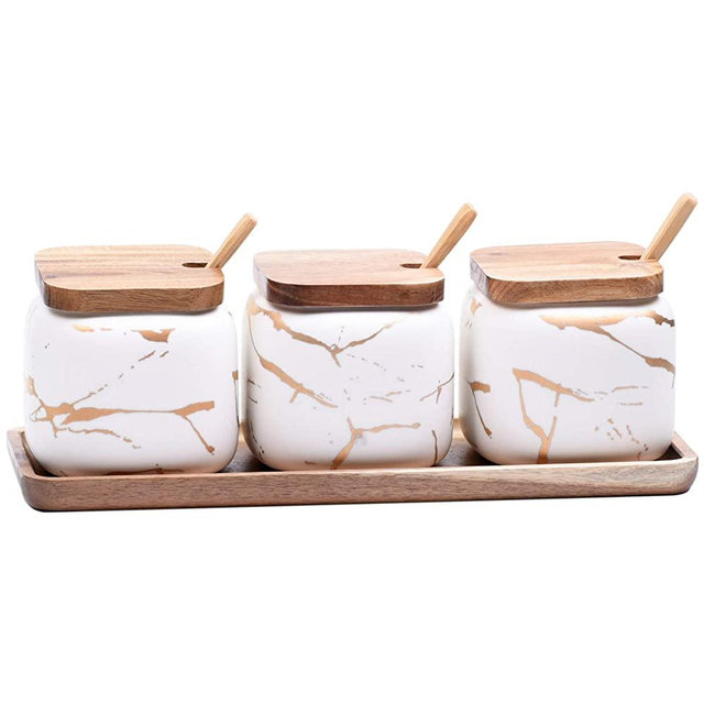 3 Pcs Sugar Bowls Ceramic Coffee Jar Set Ceramic Seasoning Jar with Lid Spoon and Tray / Food Storage Canister