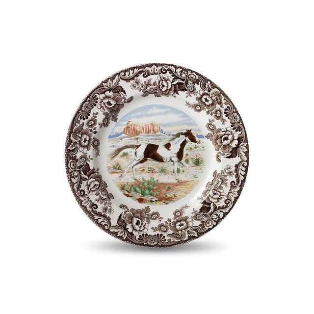 Spode Woodland Horse 8" Salad Plate - American Paint Horse Design, British Flowers Border, Fine Earthenware Dish for Horse Lovers - Dishwasher, Microwave, Freezer, Oven Safe - Made in England