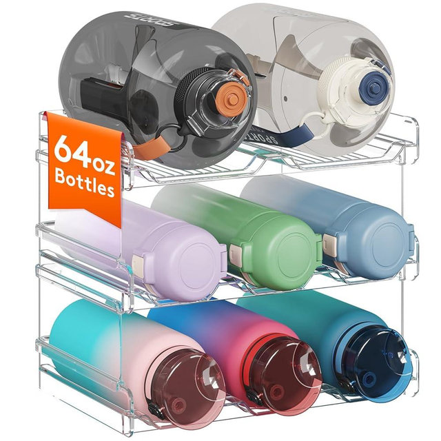 Lifewit Stackable Water Bottle Organizer for Cabinet, Extra Large Water Bottle Holder, Kitchen Pantry Organization and Storage, Plastic Fridge Wine Rack, Tumbler Travel Mug Holder, Hold 8 Bottles