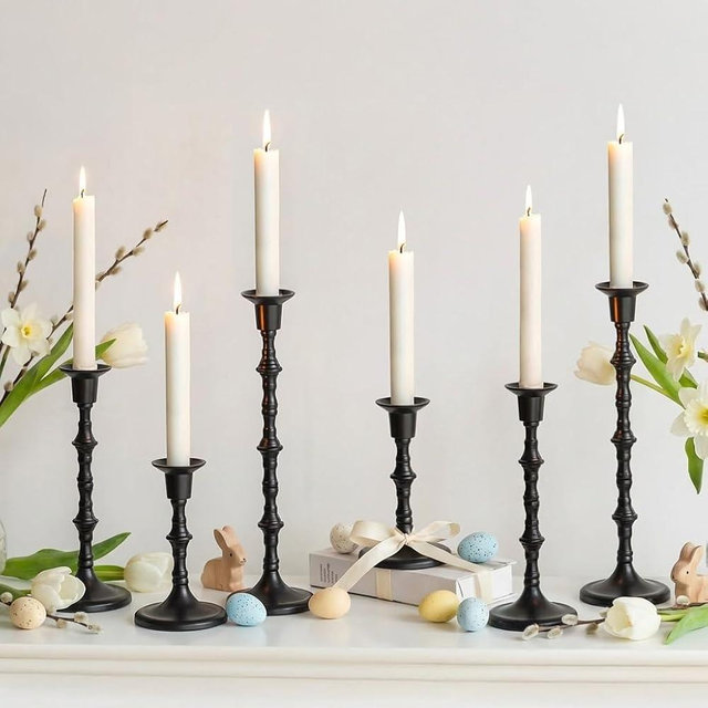 NUPTIO Candle Stick Holders for Centerpeice: Set of 6 Matte Black Taper Candlestick Holders - Bulk Antique Tall Candleholder for Easter Shabbat Table Fireplace Decor