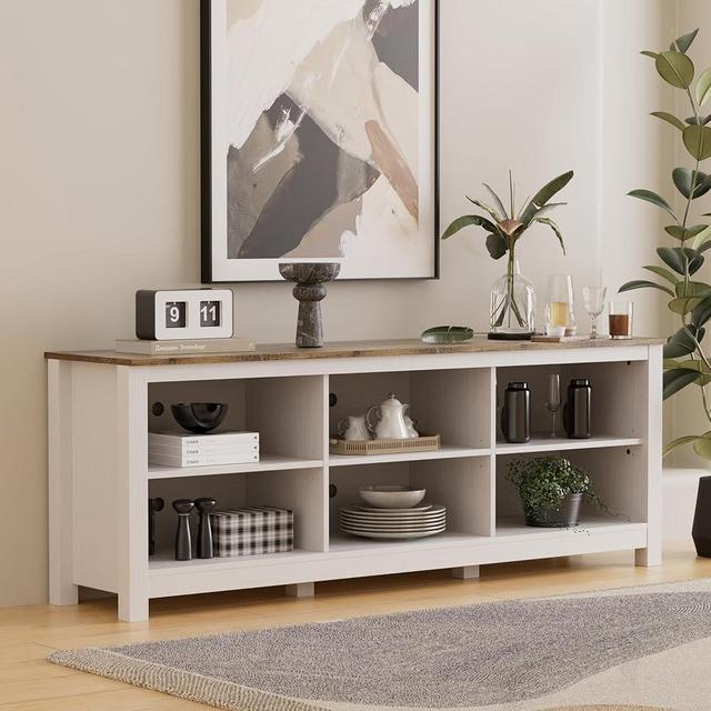 BVIUNTWO White TV Stand for TVs up to 75 Inch,Entertainment Center for 65+ inch TV Console Table with 6 Storage Cubby, Classic Television Stands for Living Room Bedroom, 70 Inch