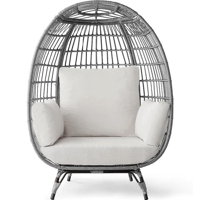 Best Choice Products Wicker Egg Chair, Oversized Indoor Outdoor Lounger for Patio, Backyard, Living Room w/ 4 Cushions, Steel Frame, 440lb Capacity - Gray/White Sand