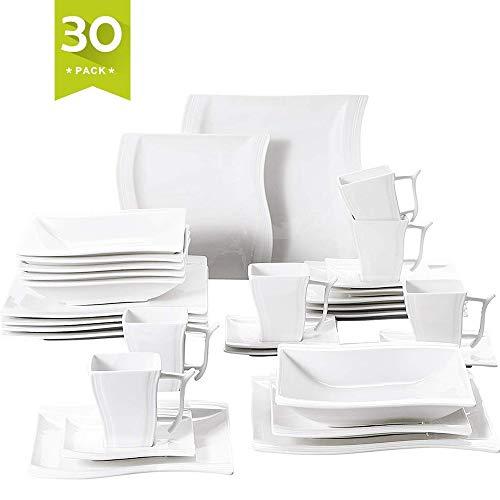 Malacasa 30 Pieces Dinnerware Set Square Dishes White; Includes 6 Dinner Plates 6 Soup Plates 6 Dessert Plates, 6 Mugs and 6 Saucers, Service for 6 Series Flora