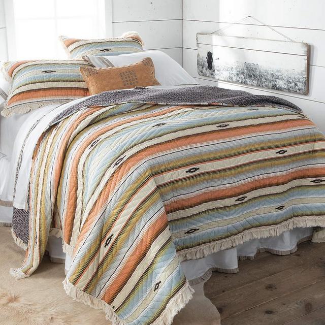 Southwest Ruffle Edged Blue, Orange, Green and Brown Stripe 3 Piece Quilt Set Size Full/Queen