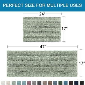 H.VERSAILTEX Bathroom Rugs Bath Mats Sets Super Absorbent Chenille Striped Bath Mats Non Skid Machine Wash Dry Rugs for Bathroom Floor Set of 2(Sage, 47 x 17 Plus 17 x 24 - Inches)