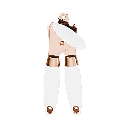 COOK with COLOR Rose Gold Stainless Steel Manual Can Opener With Durable White Anti Slip Soft Touch Handles and Large Knob with Built In Bottle Cap Opener