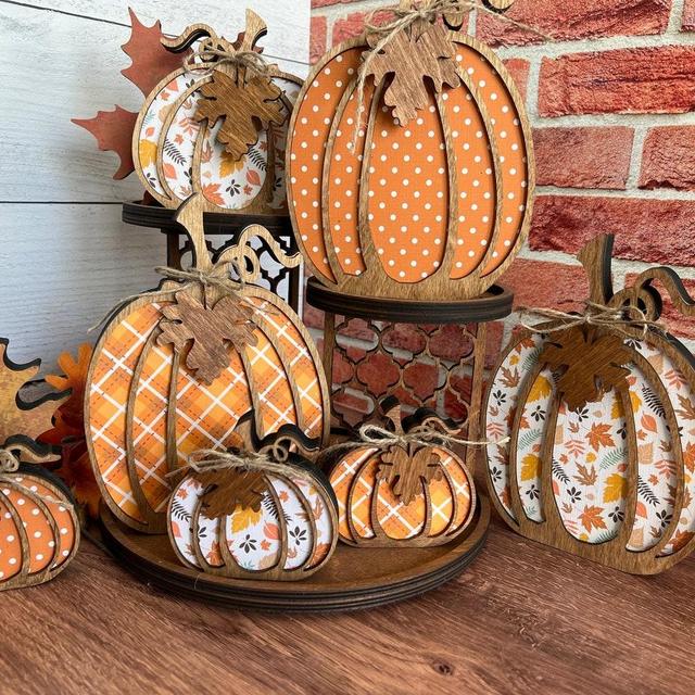 Wooden autumn pumpkin shelf sitter with cute fall print, stained wood accents and tied with jute twine and leaf, 4 sizes, 3 pattern styles