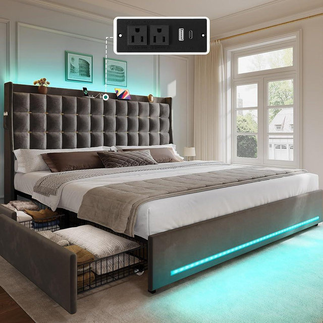 YITAHOME King Size Bed Frame with 4 Drawers and RGB LED Lights, Velvet Upholstered Platform Bed with Charging Station and Storage Headboard, No Box Spring Needed, Easy Assembly, Noise-Free, Grey