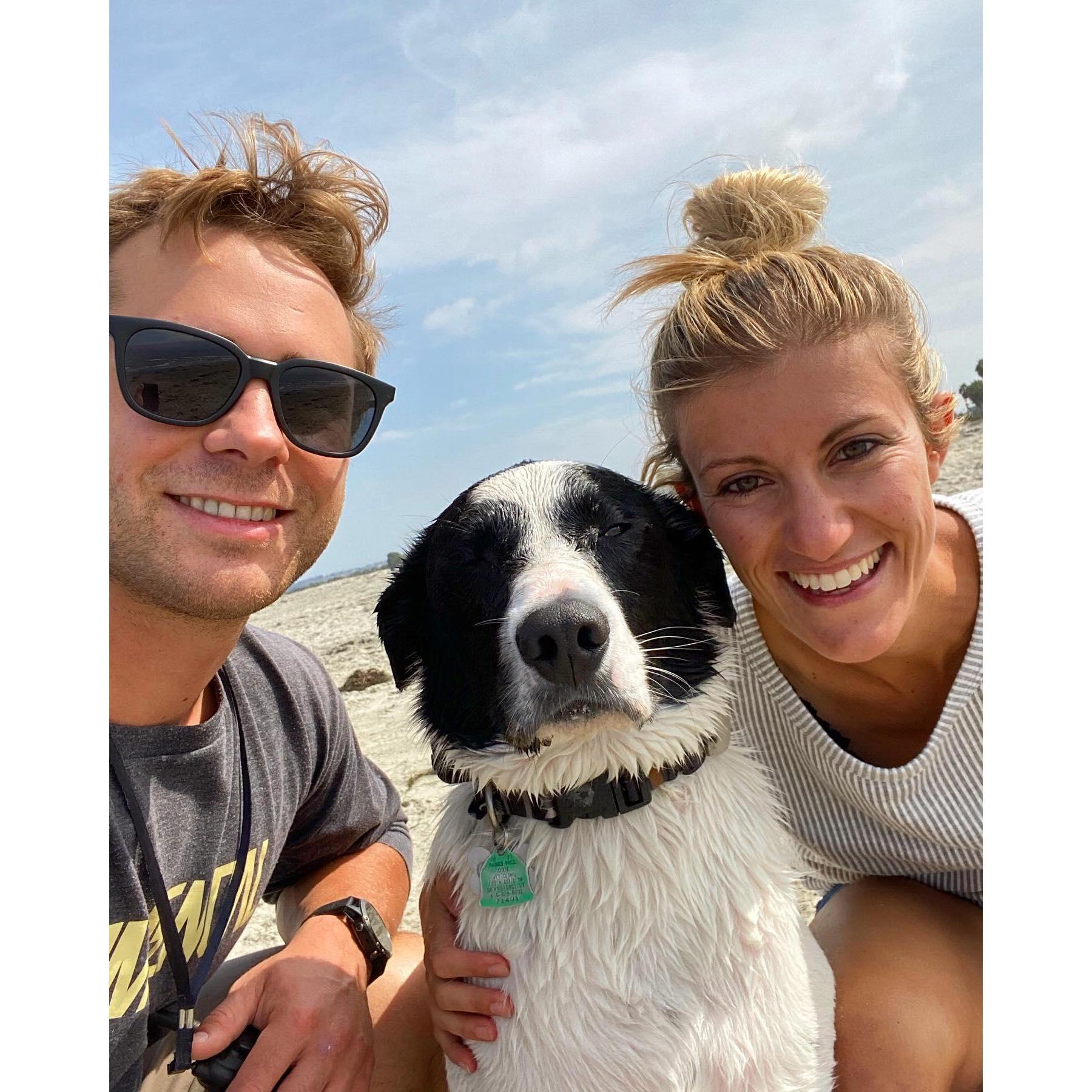 Hanging out on the beach in California with our pup