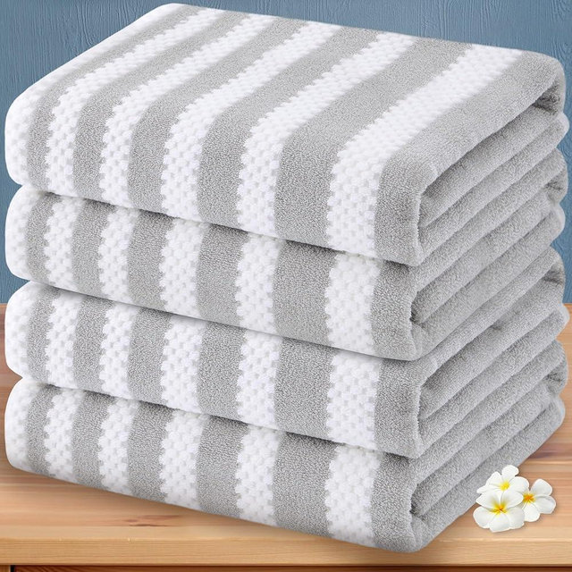 Waffle Bath Towels, 4PC 28" x 52" - 100% Cotton | Quick Dry | Light Weight | Soft | Breathable, Striped Bath Towels for Bathroom, Shower Towel Gift Set, Gray Stripes and White Checker/Waffle