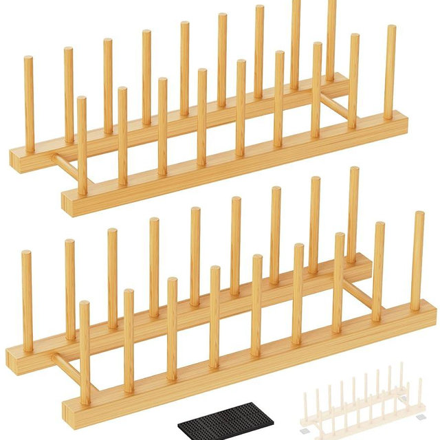 RISHTEN Bamboo Dish Drying Rack, 2 Pack Wooden Storage Holder Organizer for Plate/Bowl/Cup/Book/Pot/Lid/Cutting Board Drying Rack Stand Holder