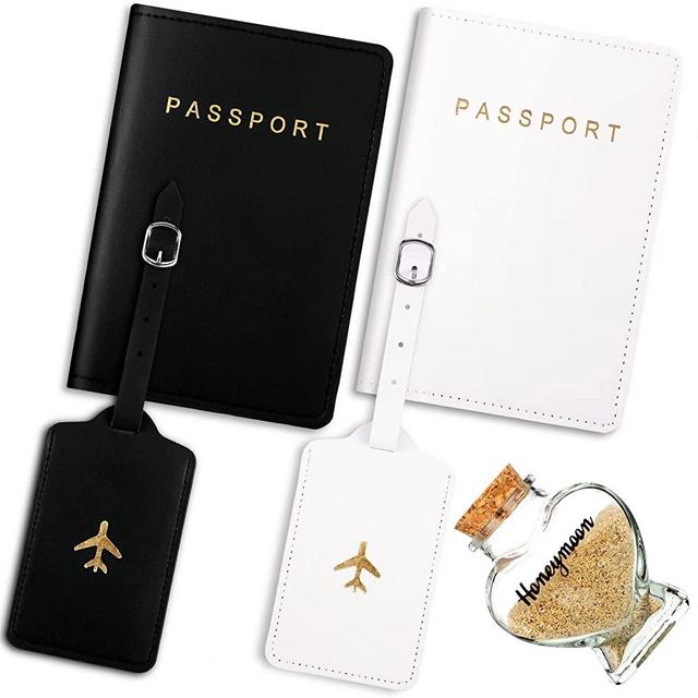 Weewooday 5 Pieces Mr and Mrs Passport Cover Holders And Luggage Tags Valentine's Day Gift Honeymoon Set with Sand Keepsake Jar Bridal Shower Gift for Wedding Engagement Newlyweds Couples