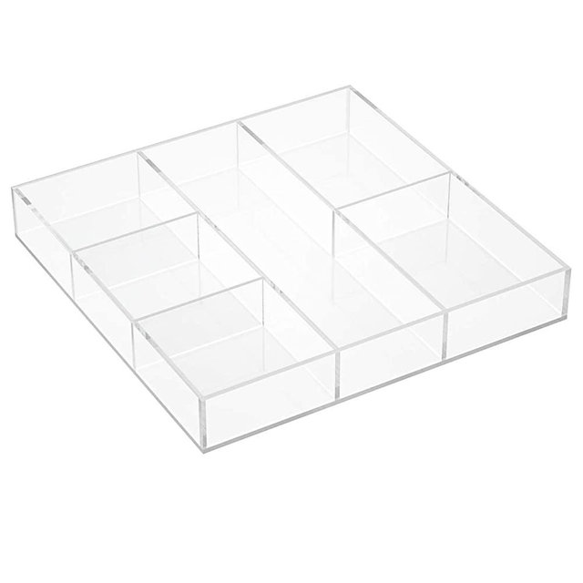 HIIMIEI Clear Desk Drawer Organizer Tray, 6 Section Acrylic Makeup Tray Organizer for Drawer, Office Shallow Drawer Organizer(11.8x11.8 inch)