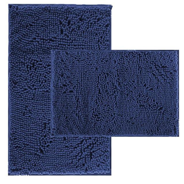 Bathroom Rugs Non Slip Washable 2 Piece Non Slip Extra Absorbent Shaggy Chenille Bathroom Rugs and Mats Sets, Soft & Dry Bath Rug/Mat Sets for Bathroom Washable Carpets Set Navy Blue Blue