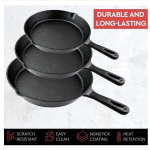 Cast Iron Skillet 3-Piece Set - Heavy-Duty Professional Restaurant Chef Quality Pre-Seasoned Pan Cookware Set - 10", 8", 6" Pans - For Frying, Saute, Cooking, Pizza & More,Black