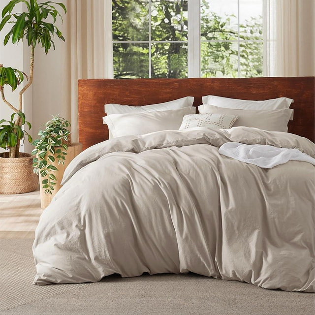Bedsure 100% Washed Cotton Duvet Cover King Size - Linen Color Minimalist Cotton Duvet Cover Linen Like for All Seasons - GentleSoft™ Plain Simple Bedding (King, 104"x90")