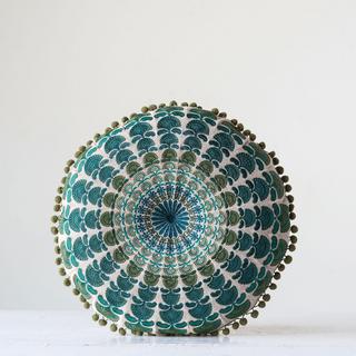 Round Cotton Chambray Pillow with Pom Poms
