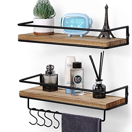 Jaweke Floating Shelves Wall Mounted Set of 2, Rustic Wood Wall Storage Shelves with Towel Holder & 4 Hooks for Bathroom, Bedroom, Living Room, Kitchen