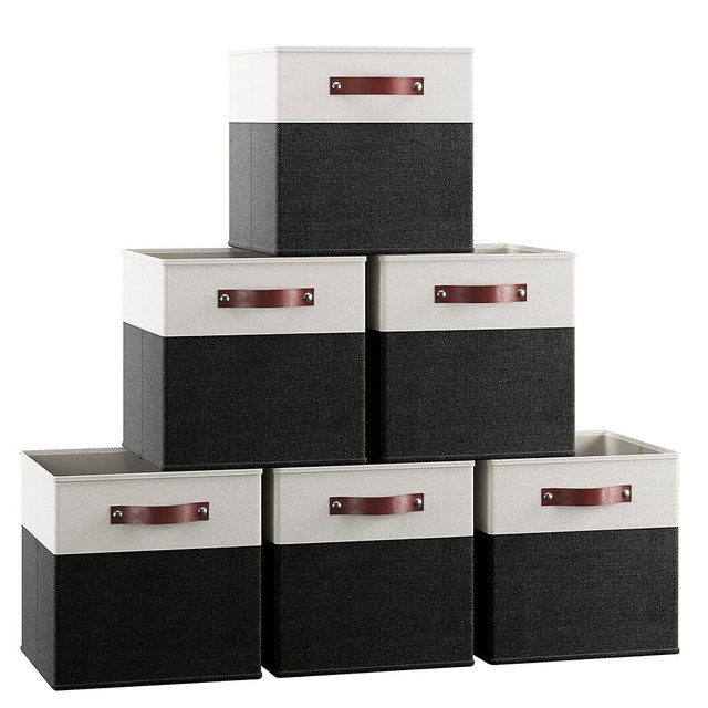 Ornavo Home 13 x 13 Storage Cube Bins, Foldable Collapsible Fabric Storage Bins Box Linen Shelf Basket Cube Organizer for Closet with Leather Handles, 6 Pack, White/Black