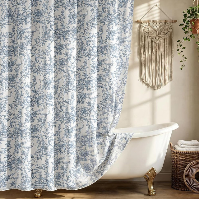 Blgiont Farmhouse Blue Floral Shower Curtain with 12 Clear Rings, White Fabric Shower Curtain Set, Vintage Cottagecore Shower Curtain for Bathroom 72" W x 72" L