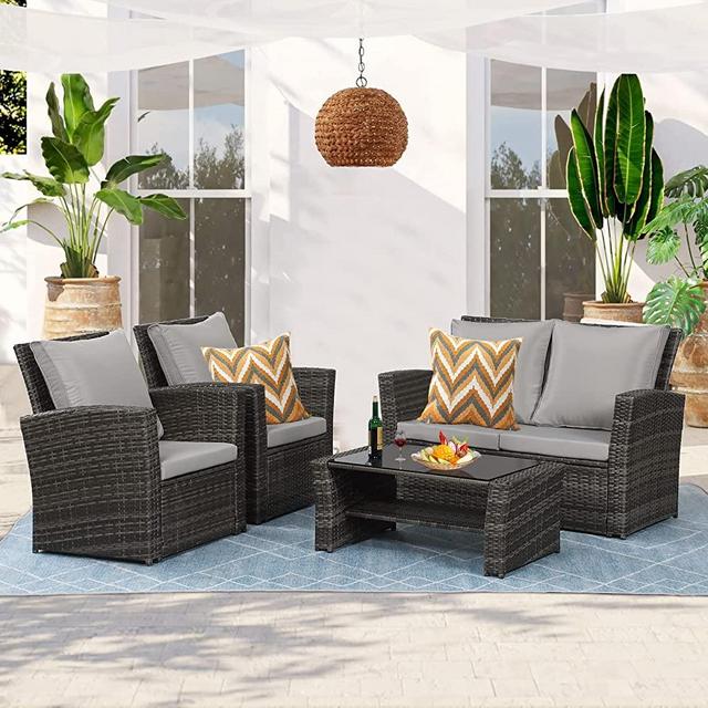 4 Piece Patio Furniture Sets, All-Weather Patio Conversation Set Outdoor Wicker Sectional Sofa Chair with Cushion and Coffee Table, Grey