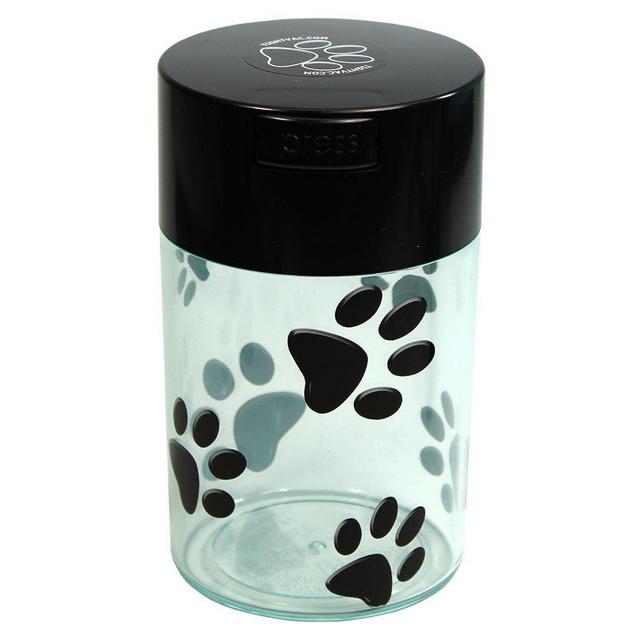 Pawvac 6 Ounce Vacuum Sealed Pet Food Storage Container; Black Cap & Clear Body/Black Paws