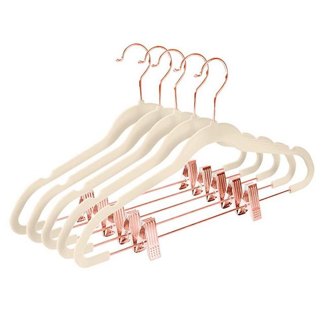 Premium Velvet Pants Hangers with Clips (Pack of 20) Slim Skirt Hangers- Non Slip Felt Outfit Dress Hangers Ivory - Copper/Rose Gold Hooks,Space Saving Shirt Clothes Hangers