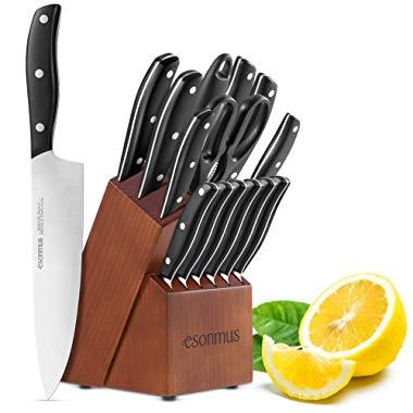 esonmus Kitchen Knife Set, 15-piece Knife Set with Wooden Block & Sharpener,Stainless Steel Forged Chef Knives Set,ABS Handle,Full Tang