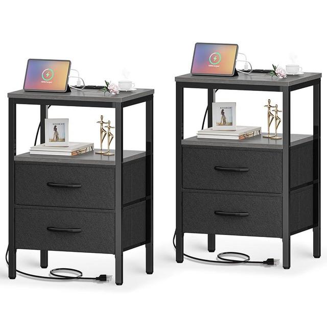 Huuger Nightstands Set of 2, End Tables with Charging Station, Side Tables with Fabric Drawers, Bedside Tables with USB Ports and Outlets, Night Stands for Bedroom, Charcoal Gray