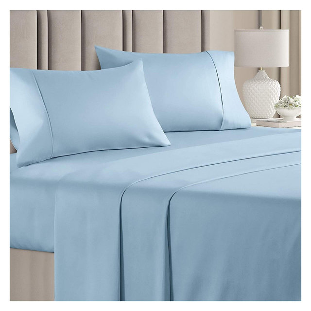 CGK Linens 100% Cotton 400 Thread Count 4 Piece Sheet Set - Soft & Cozy Sateen Bed Sheets in Light Blue, Size Queen