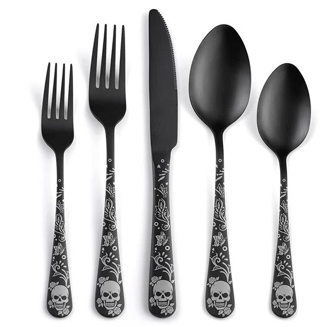 SANLUNS 40 Piece Skull Pattern Matte Silverware Set for 8, Black Flatware set Service for 8,Unique Skull Pattern Design,18/0 Stainless,Satin Finish Cutlery for 8,Dishwasher Safe