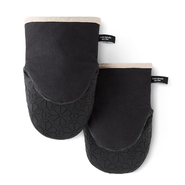 Kate Spade New York Spade Flower Soft Silicone Mini Oven Mitt 2-Pack Set, Heat Resistant, Flexible Non-Slip Silicone Grip, Black/Ivory, 5.5"X8"