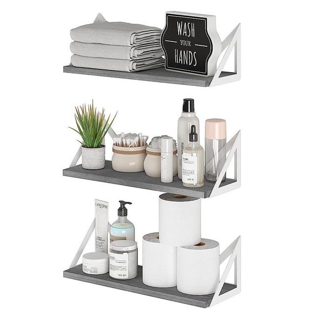 Wallniture Minori Gray Floating Shelves for Wall, Bathroom Shelves for Over The Toilet Storage, Wood Wall Shelves for Bedroom, Living Room, Kitchen, Set of 3