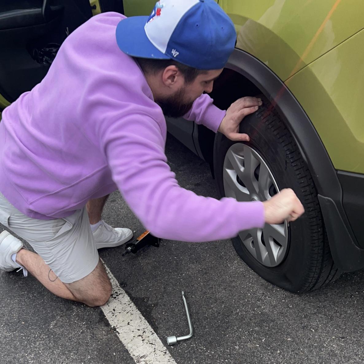 The day I knew I was in love with him. Came out of a bar and had a flat. I panicked because it was a Sunday night and everything was closed. He was so calm and just changed my tire without hesitation