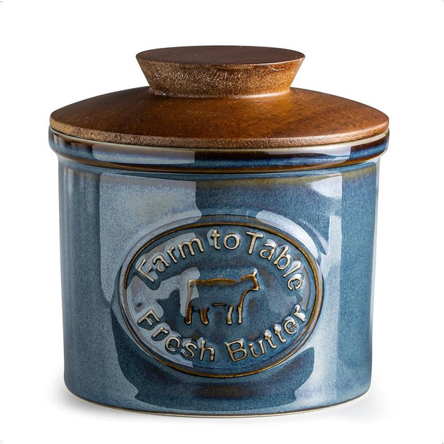 YHOJOY Ceramic Butter Dish with Lid, Butter Crock for Countertop, French Butter Keeper, Farmhouse Cow Pattern, Blue