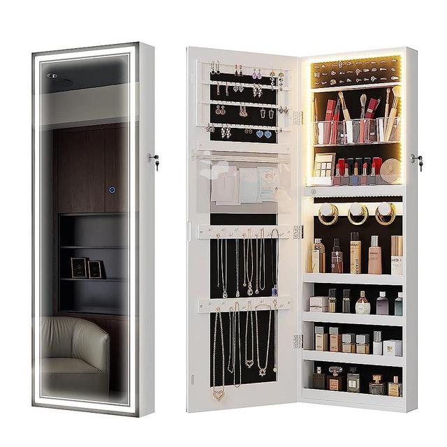 LVSOMT Lighted Mirror with Jewelry Storage, Jewelry Cabinet Organizer with Full-Length Mirror, Wall Mounted/Door Hanging LED Mirror, Dimming Lights & 3 Color Modes (White)