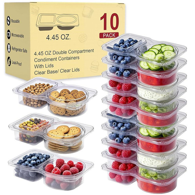 Reusable Meal Prep Containers & Snack Box Containers – 2 Compartment Bento Box with Lids, Double Condiment Containers, Portable Snackle Box for Food Storage, Lunch, Travel, Office (Set of 10)